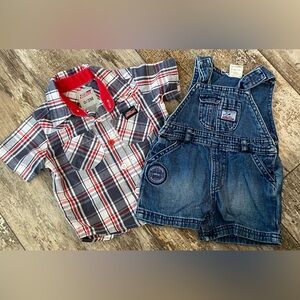 Vintage Baby Denim Overall Shorts and Dickies Red and Blue Plaid Shirt 0-3 mo